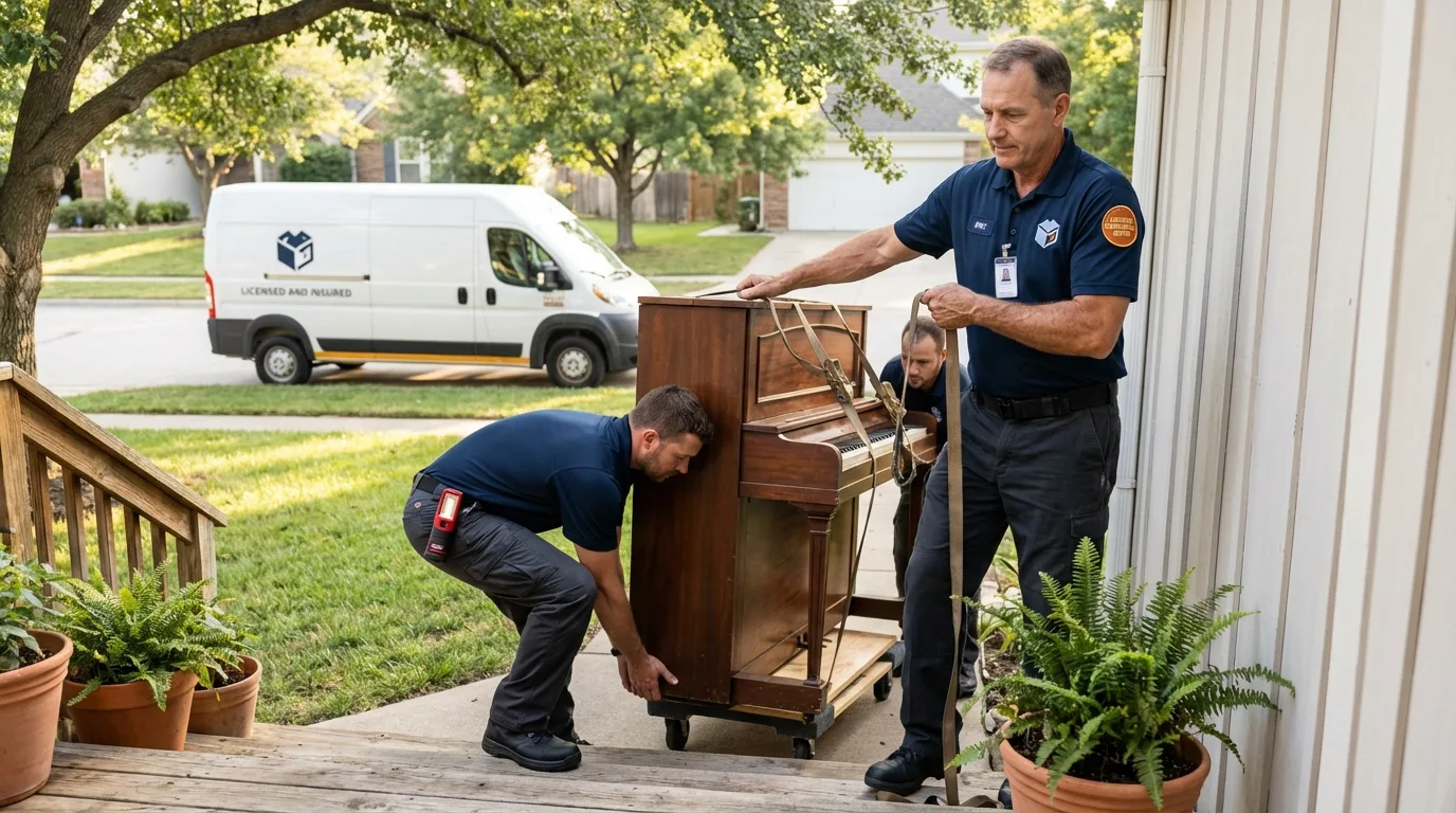 Licensed piano movers securing grand piano in Clymer, PA