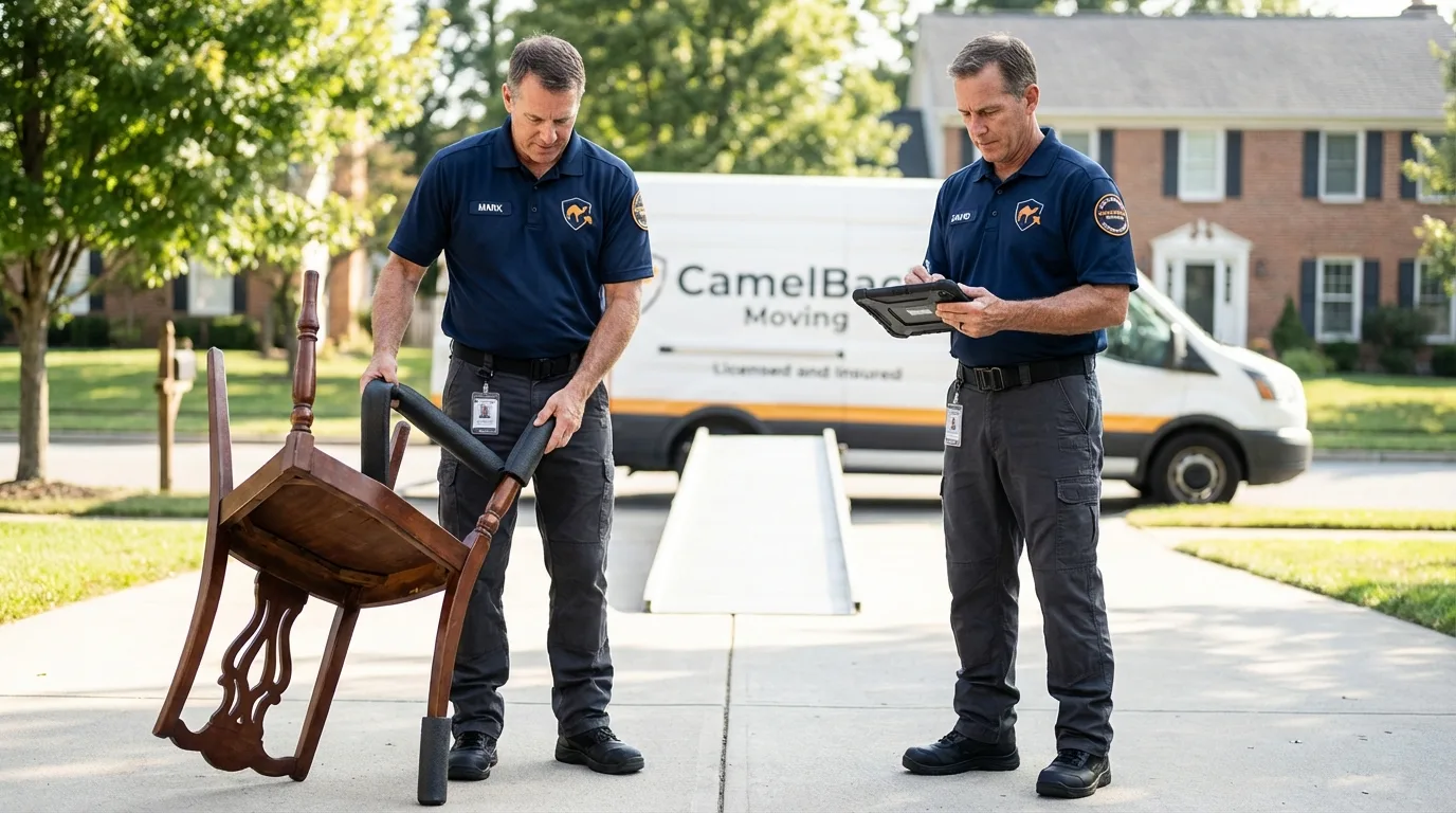 Movers inspecting furniture for damage prevention before loading in Clymer, PA