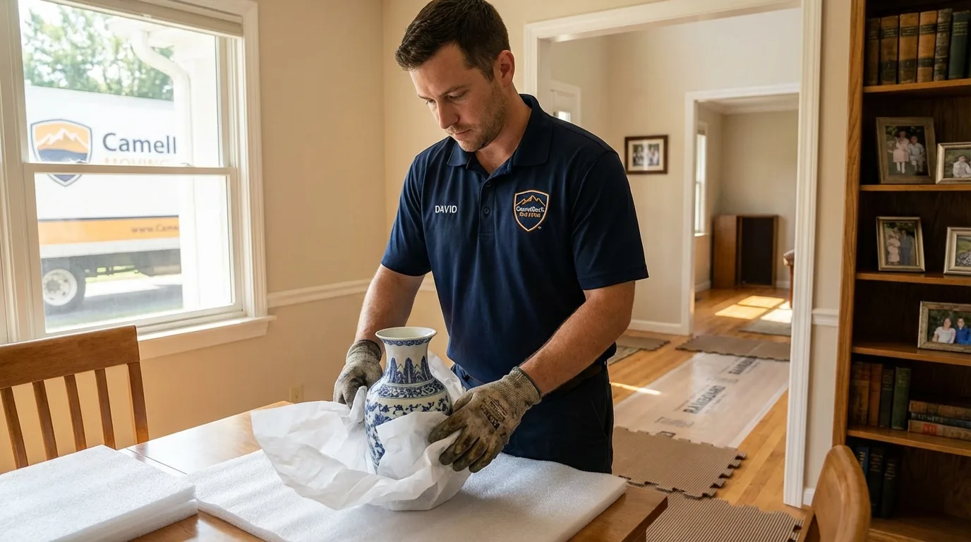 Professional crew carefully wrapping antique vase for senior downsizing move in Clymer, PA